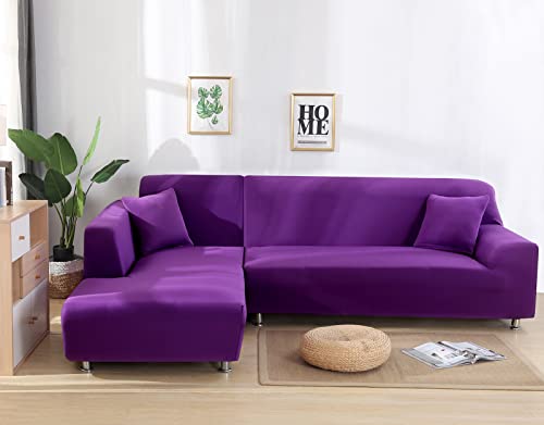 Mifxin Sectional Sofa Covers L Shape Couch Slipcover 2Pcs Stretch Elastic L-Type Chaise Sofa Couch Furniture Protector For Living Room Pets Kids (Solid Purple) #TOP1