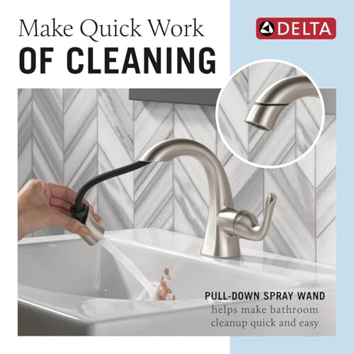 Delta Arvo 1 Hole Pull Down Bathroom Faucet with Sprayer, Brushed Nickel Single Hole Bathroom Sink Faucet with Pull Out Sprayer for Vanity, Push-Pop Drain, SpotShield Stainless 15840LF-SPPD thumbnail 2