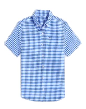 vineyard vines Boys' On-The-Go Short-Sleeve Gingham Button Down Shirt, Sapphire Blue, XL2