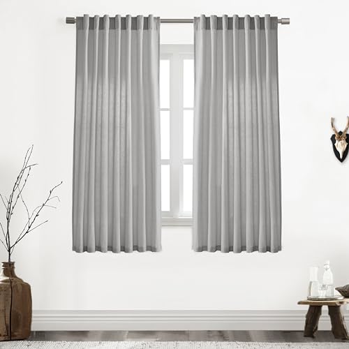 Image of XTMYI Grey 63 Inch Length 2 Panels Back Tab /Hook Belt Linen Cotton Sheer Curtains for Bedroom,50 Inch Wide