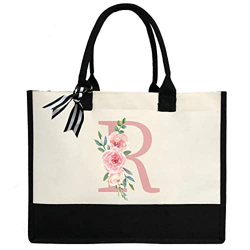 Bolsa feminina de lona com inicial personalizada, bolsa de praia com bolso interno com zíper para casamento, aniversário, praia, férias, R, Large