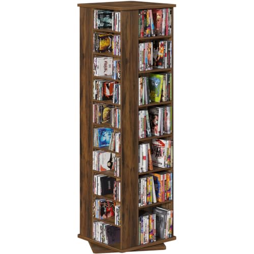 DVD Storage Shelf,Rotating DVD Rack w/Adjustable Shelves, Brown | 4-Sided Media Tower with Adjustable Shelves for CDs, DVDs, Blu-Ray, Video Games, Books and Collectibles