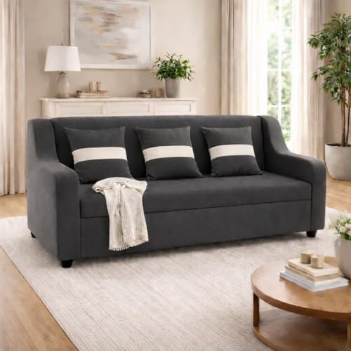 Image of KENDALWOOD Furniture 3 Seater Fabric Curve Handle Sofa for Living Room Furniture | 3 Seater Sofa | Sofa for Home & Office | Fabric Color:- Dark Gray
