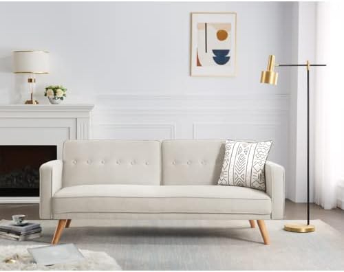 Miniatura 10 de Sofá cama tipo futón convertible, sofá cama plegable de lino moderno con respaldo dividido, respaldo ajustable, reposabrazos, marco de madera y