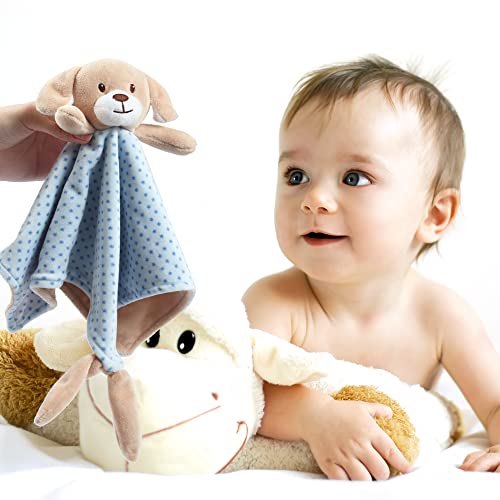 Image of CREVENT Soft Plush Animal Face Security Blankets for Boys and Girls, Great Gifts for Birthday Baby Shower (Blue Dog + Tag)