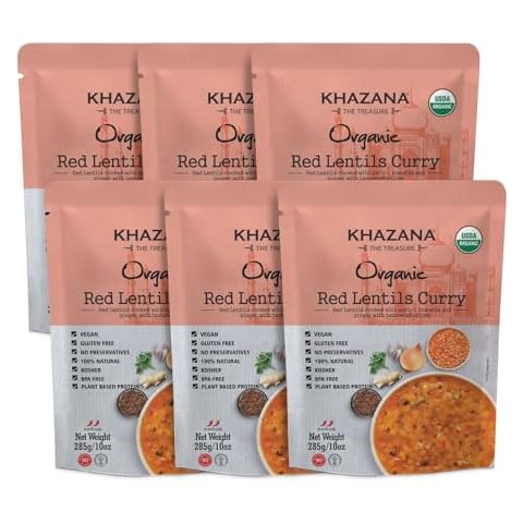 Khazana Organic Ready to Eat Meals - Red Lentils Curry (Pack of 6, 10oz Pouches) - Non-GMO, Vegan, Gluten Free & Kosher - Authentic Indian Cuisine in 90 Seconds! Cover