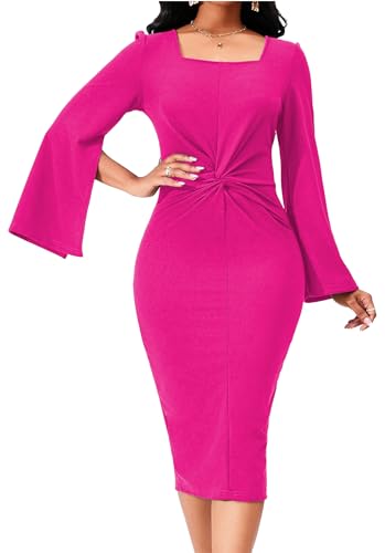 Image of Dresses for Women Elegant Long Sleeves Ruffles Pencil Knee Length Split Business Dress with Belt Zipper