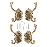 bowarepro 4pcs Antique Brass Coat Hooks, Heavy Duty Wall Mounted Vintage Hooks Rust Resistant Finish, Easy Installation Kit Included, Bathroom Kitchen Entryway Decor