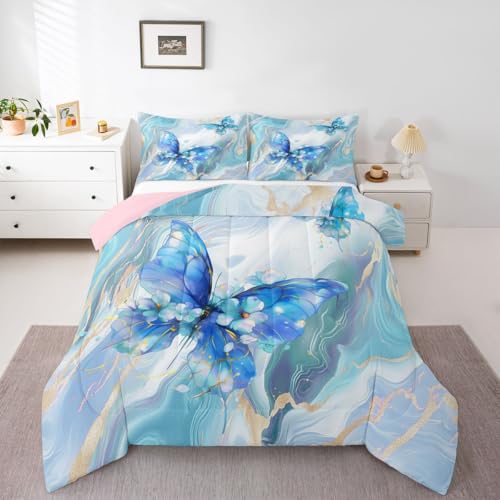 Image of Erosebridal Floral Marble Butterfly Comforter King Size for Kids Teens Adults,Blue Tie Dye Bedding Set,Elegant Marble Texture Duvet Insert,Modern Aesthetic Quilt Bedroom Decor