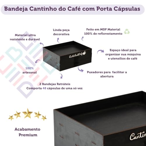 Suporte porta capsula bandeja cantinho do café com 2 gavetas comporta 48 capsulas apoio cafeteira xí