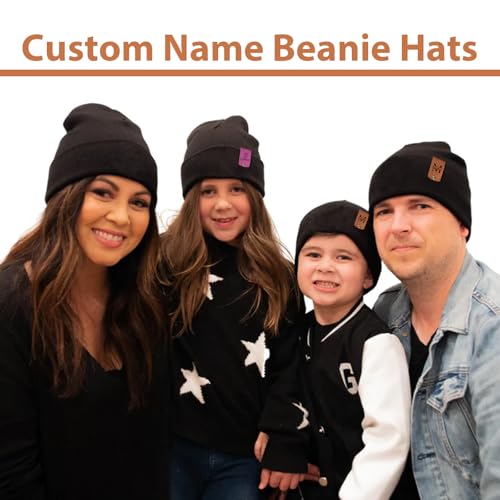 Custom Baby Beanie Hats for Girls Boys, Personalized Name Leather Patch Beanies for Toddlers Adults, Infants Knit Hat3
