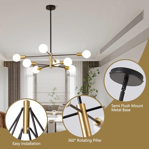 Chandelier, 8-Light Chandeliers for Dining Room, Sputnik Chandeliers with E26 Base, Modern Chandelier for Bedroom, Gold&Black Sputnik Ceiling Light Fixture, Chandelier for Living Room, Bedroom,Kitchen