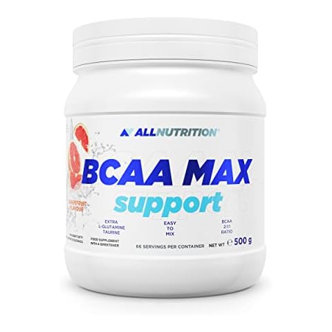 ALLNUTRITION BCAA Max Support Pulver/Kapseln Komplex aus verzweigtkettigen Aminosäuren Glutamin Taurin Leucin Valin Isoleucin Muskelregeneration 500 g Grapefruit Cover