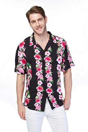 Matchable Couple Hawaiian Luau Shirt or Wide Legged Pants in Pink Black, Hibiscus Vine4