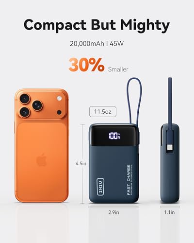 Image of INIU 20000mAh Power Bank, Small 45W PD Fast Charging Portable Charger with Built-in USB C Cable, Flight-Safe Travel External Phone Battery Pack for Business, School, Dorm, College Student, Blue