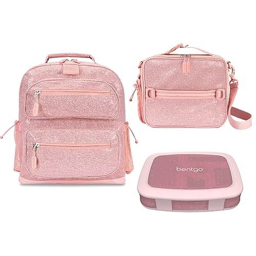 Bentgo® Kids 5-Compartment Lunch Box Set With Insulated Lunch Bag and Lightweight 14” Kids Backpack (Glitter Edition - Petal Pink)