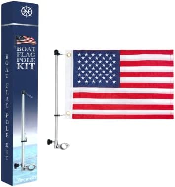 NORTHGEAR Boat Flag Pole with 18” x 12” American Flag for Boat, Universal Mount for Small and Medium Boat, U.S. Patriotic Outdoor Decor, Water and Weather Resistant, Heavy-Duty Clamp……