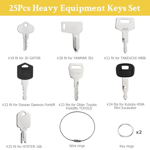 25 Heavy Equipment Keys, Master Key Set for Cat Caterpillar John Deere Case Bobcat JLG JCB Volvo Hyster Ford New Holland Yanmar Takeuchi Kubota Komatsu Construction Heavy Equipment Machine