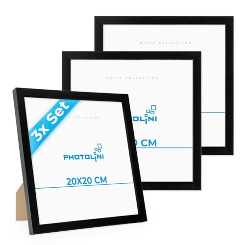 PHOTOLINI Marcos 20x20 cm negro madera MDF, set de 3 marcos para pósteres, cristal acrílico, para colgar y poner de pie, incluye accesorios - para fotos, láminas y pósteres