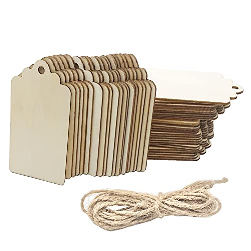 100 Pcs Wood Tag 2.7 x 1.5 Inch Unfinished Wooden Tags with Hole and Hemp Rope Wooden Hanging Tags for Hanging&Wedding Decor Craft Projects