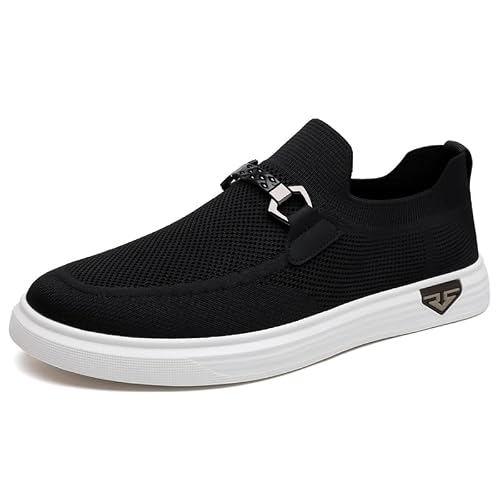 Trsorini Mens Casual Mesh Shoes Slip-On Loafers Breathable Lightweight Comfortable Walking Sneakers for Men with Metal Buckle Black 9.5