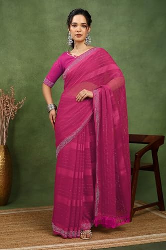 Image of MIRCHI FASHION Saree for Woman Georgette Solid with Satin Stripes | Stone Border Farewell and Ceremonial Sari with Blouse Piece
