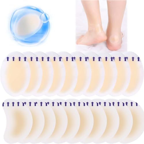 Blister Plasters for Feet - 20PCS Hydrocolloid Gel Blister Cushion Pads Sterile Adhesive Wound Dressing Waterproof Invisible Plasters for Toes Heel Foot and Guard Skin