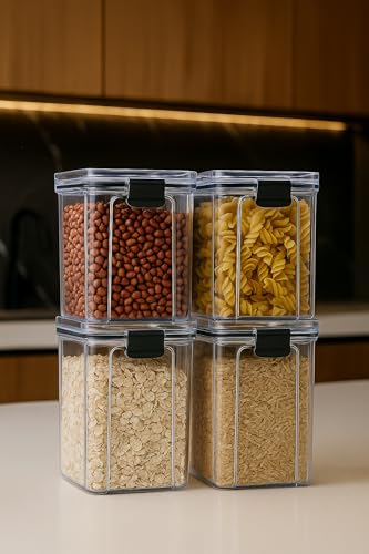 Kit 4 Potes Herméticos 1 Litro - Organizador com Tampa para Alimentos, Empilhável, Organizadores para Armário e Cozinha, Mantimentos