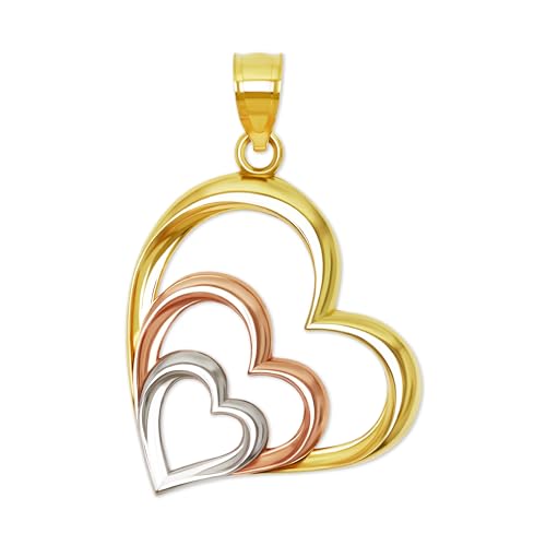 Gold Triple Heart Pendant Charm- 10 Karat Gold - Tri Color Heart Jewelry Charm - Heart Jewelry