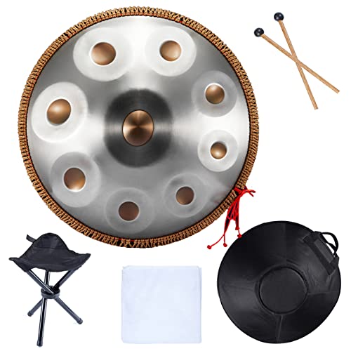 Lingting Handpan Drums Sets 22 Inches D Minor Steel Hand Drum With Soft Hand Pan Bag, 2 Handpan Mallet,Handpan Stand,Dust-Free Cloth (Ash-Gold,9 Notes) #TOP5