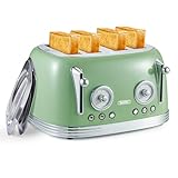 Wiltal Retro Green 4-Slice Toaster - Stainless Steel, Reheat, Defrost, Cancel, Countdown, 6 Browning Levels