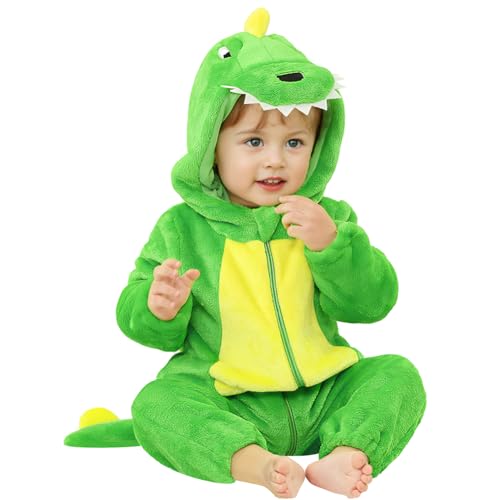 DiULi Disfraz Dinosaurio Niños y Niñas, Dinosaur Costume con Capucha y Cola, Franela Suave, Mono de Disfraz de Animales Infantil con Cremallera, Pijama de Una Pieza para Carnaval Halloween (Verde-1pc)