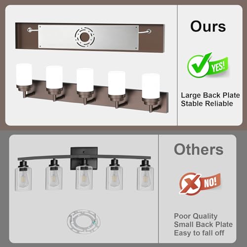 Image of Bathroom Light Fixtures, Oil Rubbed Bronze Bathroom Lighting Fixtures Over Mirror, Modern Vanity Light with White Glass Shade, Restroom Lighting Fixtures, 5-Light 36-inch