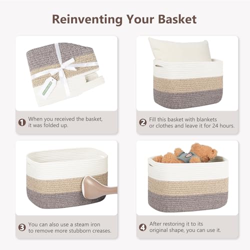 ECDYQXVU Cotton Rope Basket, Storage Baskets with Handle, 15x10x9 Inch Woven Basket for Shelves, Laundry, Towels, Clothes, Books (White Brown, 2 Pack) by ECDYQXVU - Image 3