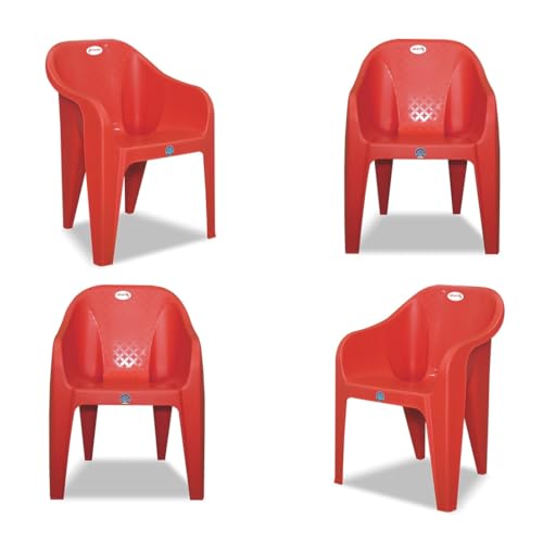 Image of Plastic Arm Chair for Home, Garden, Office, Living Room, Cafeteria Plastic Outdoor Chair | 1 Year Warranty | Color - Red | Set of 4