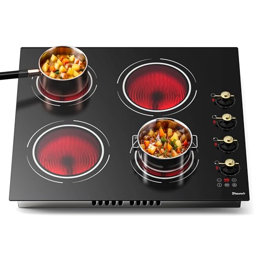 Disaenvir 24 Inch Electric Cooktop - 4 Burner Drop-in(22.05'x19.3') Ceramic Stove Top 6000W, 220V Electric Stove, 9 Power Level, Pause, Safety Lock, Touch & Knob Control, 240V Hard Wired (No Plug)