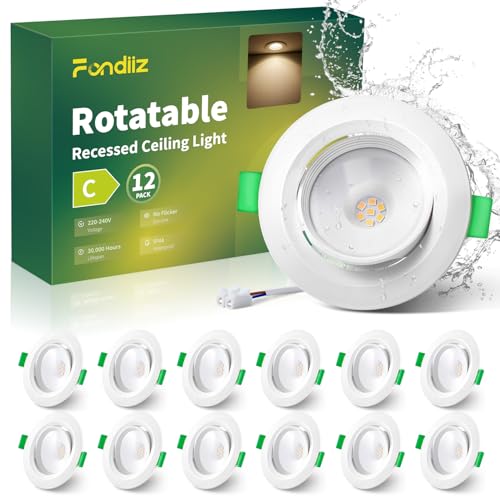 Fondiiz 3W Foco Empotrable LED Interior Techo, 430LM Downlight LED Techo Empotrable Rotable 4000K Blanco Neutro, IP44 Ojos de Buey Ajustable para Salon, Baño, Cocina, Corte 70mm 80mm, Pack de 12