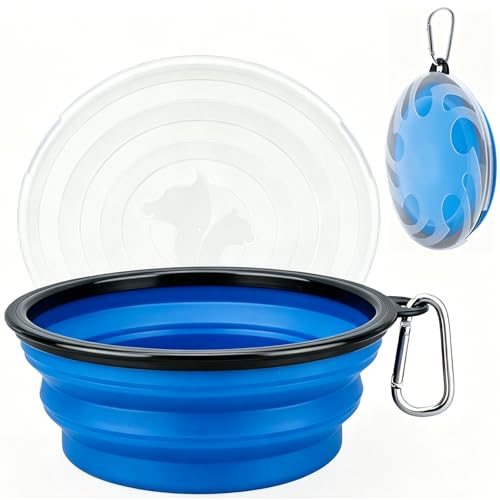 Image of Large Collapsible Dog Bowl with Unique Lid Design, Food Grade Silicone, BPA Free, Foldable Travel Bowl for Small to Large Dogs, 1000ml, with Clip (Blue)