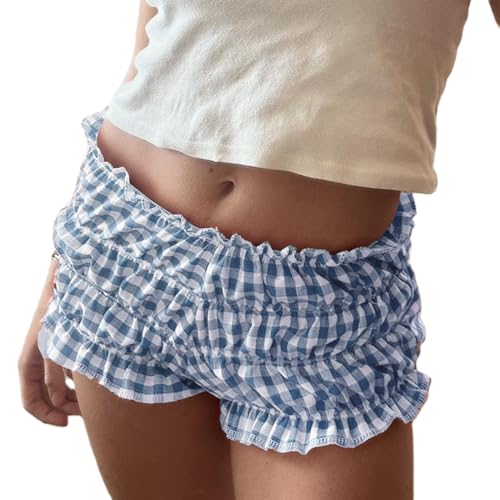 Image of Yuemengxuan Women Y2k Ruffle Shorts Ruched Plaid Shorts Micro Shorts Pajama Bottoms Y2k Cute Fairy Lace Edge Pettipants