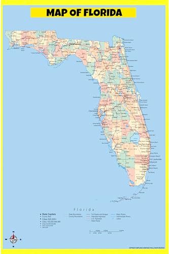 Map Of Florida Style A - 36x54 - Laminated Map Poster for Homes, Classrooms and Offices - Vivid Colors, Easy to Read, Clean Layout