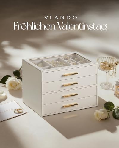 VLANDO Schmuckkästchen Groß, Schmuckkasten mit 4 Ebenen, Schmuck Organizer mit Glasdeckel, 4 Schubladen,für Halsketten, Ohrringe, Uhren, Armbänder, Schmuckaufbewahrung, Modern, Cinderella Plus, Beige