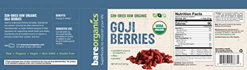BareOrganics Sun Dried Goji Berries, Organic, Superfood, 8 Oz