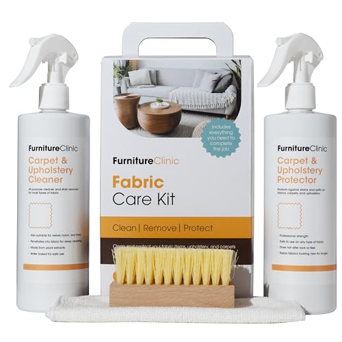 Kit Entretien Tissu Furniture Clinic | Contient : Nettoyant 500 ml, Protecteur 500 ml, Chiffon Microfibre & Brosse Nettoyante pour Vêtements, Moquette, Tissus d’Ameublement | Tous Types de Textiles