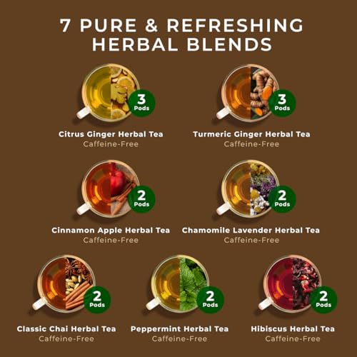 Image of Purely Herbal Tea Pod Gift Set (16 Count) - 7 Flavors Assorted Variety Pack | Chamomile Lavender, Peppermint, Chai, Citrus Ginger, Turmeric Ginger, Cinnamon Apple, Hibiscus, Tea Sampler, Non-GMO