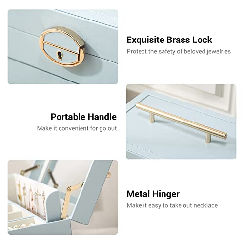 Casegrace Jewelry Box Organizer, 3-Layer Jewelry Organizer 2 Drawers Jewelry Storage, Large Capacity Mirror Lockable Jewelry Organizer For Earrings Necklace Bracelet Rings, Sky Blue #TOP3