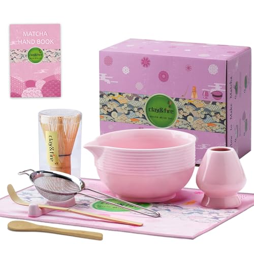 Clay&Fire Matcha Whisk Set, 9 pcs Ceramic Matcha Set, Gifts for Women,Matcha Bowl with Spout and Whisk, Matcha Kit for Matcha Lovers, Ideal Gift Christmas, Birthday, Anniversary(Pink)