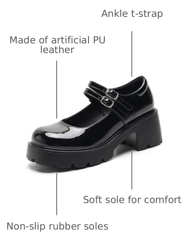 Image of Women's Platform Mary Janes Heart Cat Buckle Rivets Ankle Lolita Gothic Princess Platform Pumps Patent Leather Thorn Vintage Traditional Embroidery Upper Dress Shoes