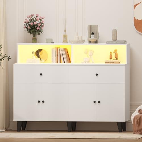 47.2" TV Stand Cabinet with Power Outlets & LED Light Wood Coffee Bar Table Freestanding Kitchen Pantry Cabinet with Drawers & Adjustable Shelves Floor Cupboard Hutch for Living Room Dining Room White - image 1