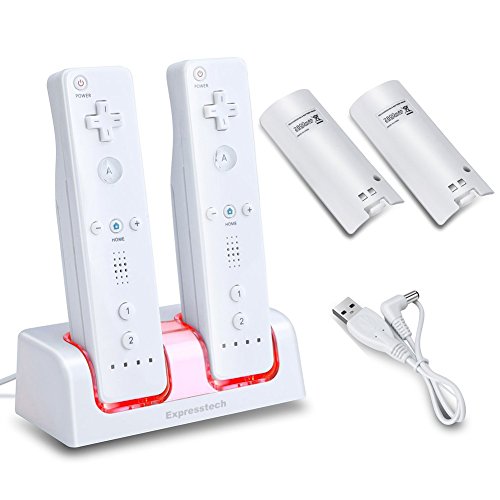 Preisvergleich Produktbild Expresstech Ladestation Ladegerät mit 4 Akkus Batterien Batteriefachdeckel kompatibel mit Nintendo Wii Wii U Fernbedienung Wii-Fernbedienung Wiimotes Remote Controller - Schwarz