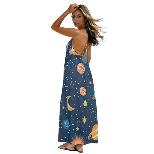 Robe d'été à bretelles motif planètes : tenue de plage décontractée pour femme